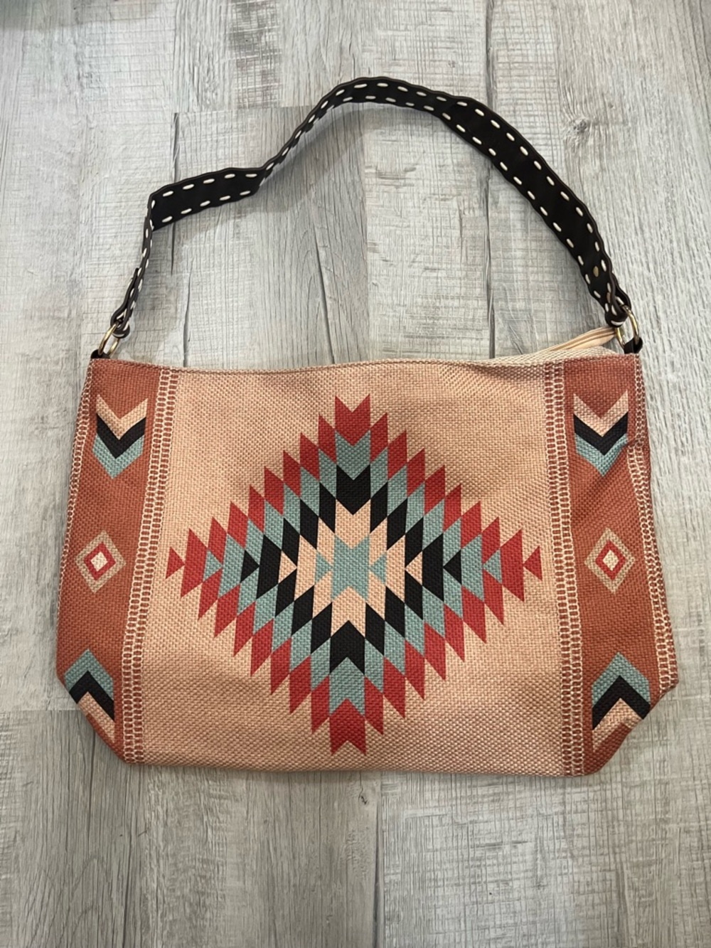 Southwestern Pattern Canvas Shoulder Bag in Tan and Corali